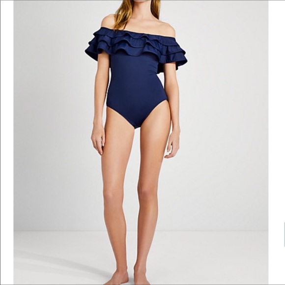 Kate Spade Palm Beach Ruffle Off The Shoulder One-Piece Swimsuit Hot Cherry - Picture 4 of 8